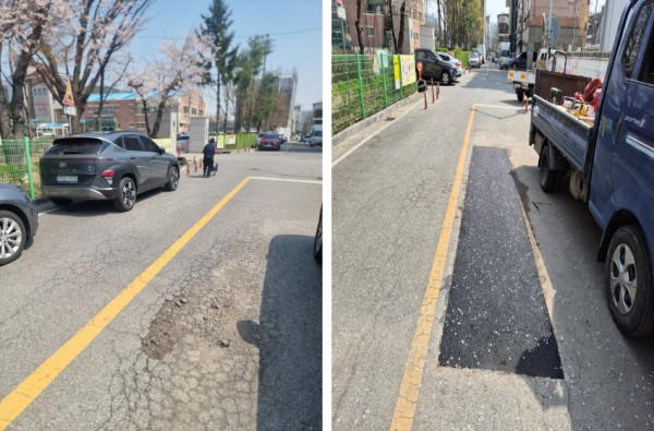 5. 용인특례시가 보수작업을 진행한 도로의 포트홀 복구작업 전(사진 왼쪽)과 후(사진 오른쪽)의 모습..jpg
