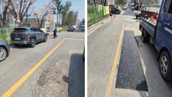 5. 용인특례시가 보수작업을 진행한 도로의 포트홀 복구작업 전(사진 왼쪽)과 후(사진 오른쪽)의 모습..jpg